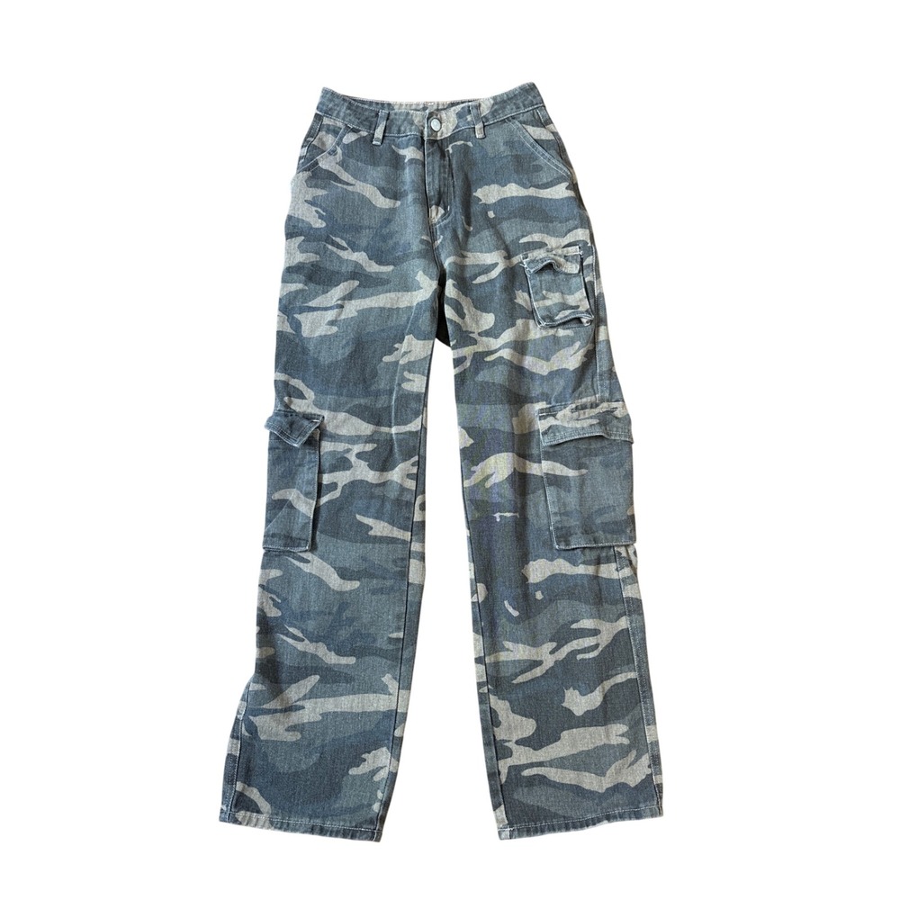 SHEIN Cargo Pants Women Grey Camo High Rise Straight Leg Utility SIZE Small